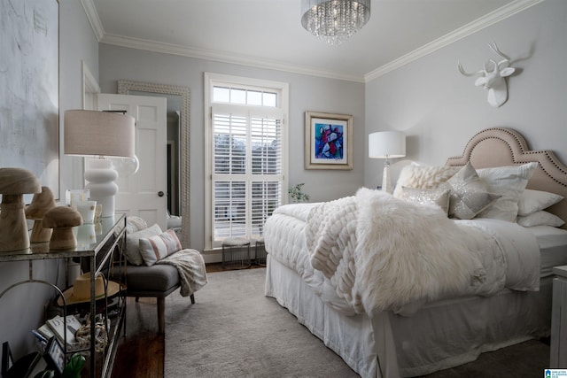 bedroom featuring an inviting chandelier and crown molding