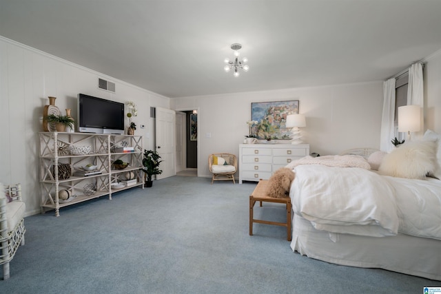 carpeted bedroom with an inviting chandelier, crown molding, and visible vents