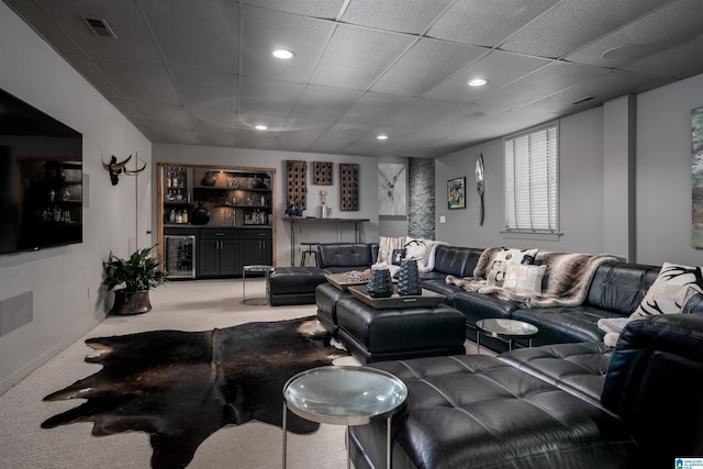 living area with visible vents, recessed lighting, wine cooler, carpet flooring, and a dry bar