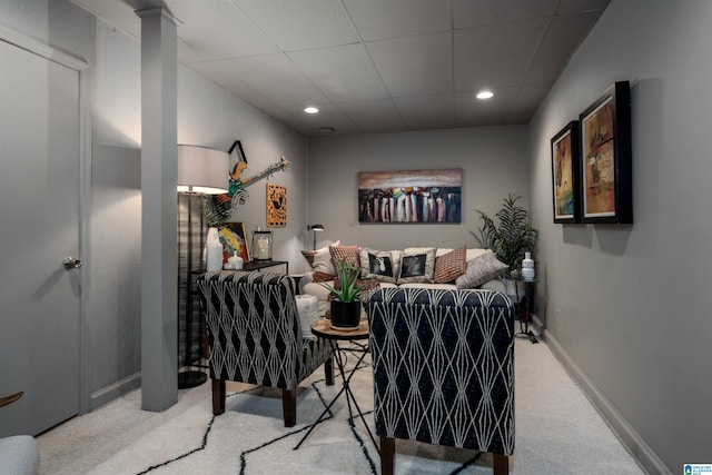 interior space featuring recessed lighting, a paneled ceiling, and baseboards