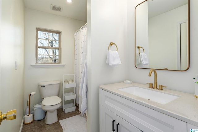 full bath with tile patterned flooring, visible vents, toilet, and vanity