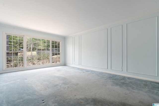 carpeted spare room with a decorative wall and ornamental molding