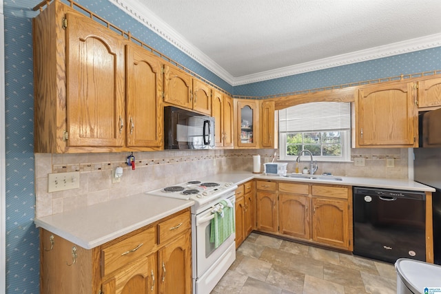 kitchen featuring a sink, light countertops, ornamental molding, black appliances, and wallpapered walls