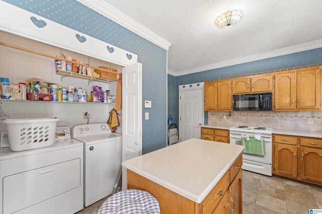 kitchen featuring black microwave, white electric range, and wallpapered walls