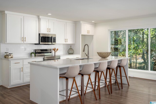 kitchen featuring dark wood-type flooring, a center island with sink, a sink, appliances with stainless steel finishes, and decorative backsplash