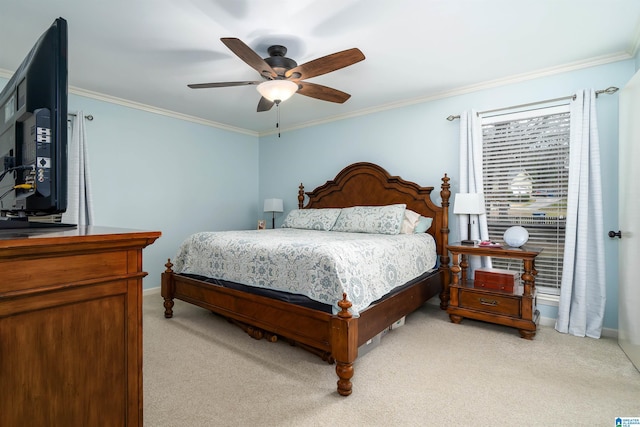 bedroom with light carpet, baseboards, and crown molding