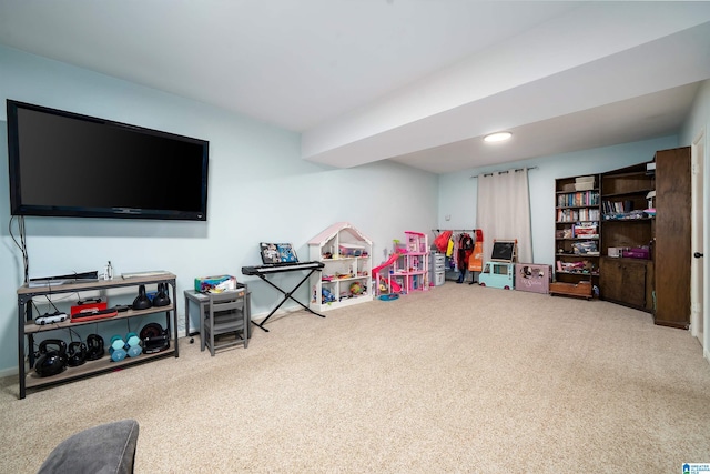 rec room with carpet floors and recessed lighting