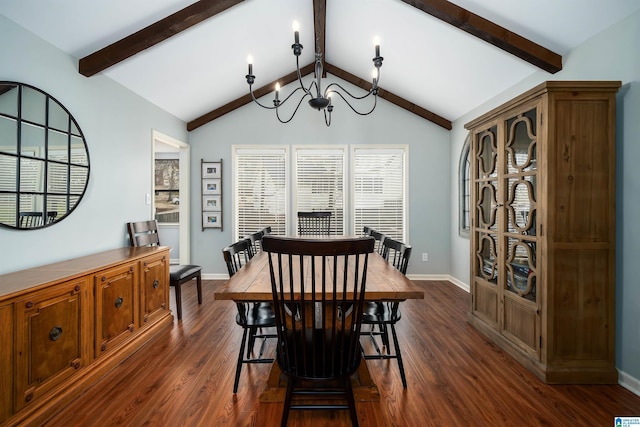 dining room with vaulted ceiling with beams, dark wood-style floors, baseboards, and a notable chandelier