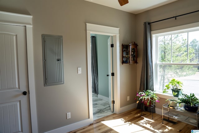 interior space with electric panel, light wood-style floors, and baseboards