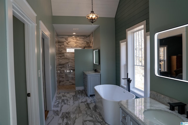 full bath featuring walk in shower, a healthy amount of sunlight, marble finish floor, and a sink