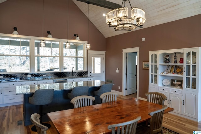 dining room with light wood-type flooring, high vaulted ceiling, a chandelier, and wooden ceiling