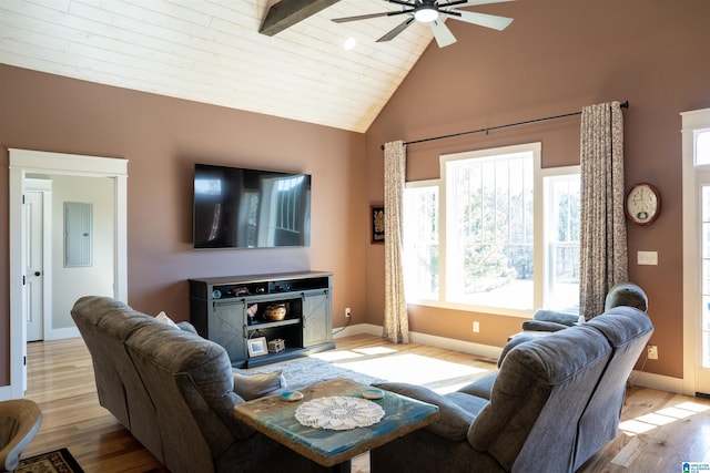 living room with electric panel, baseboards, wood finished floors, and a ceiling fan