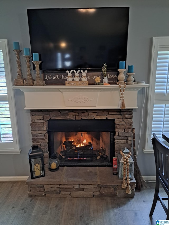 room details with a fireplace, wood finished floors, and baseboards