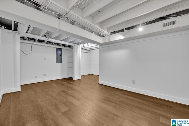 finished basement with electric panel, visible vents, baseboards, and wood finished floors