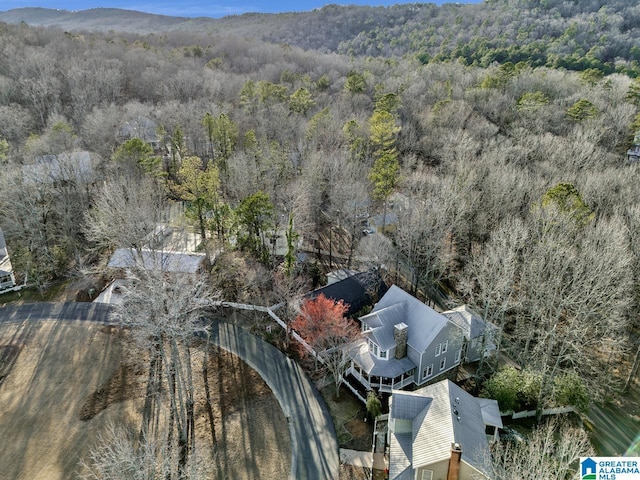 bird's eye view with a wooded view