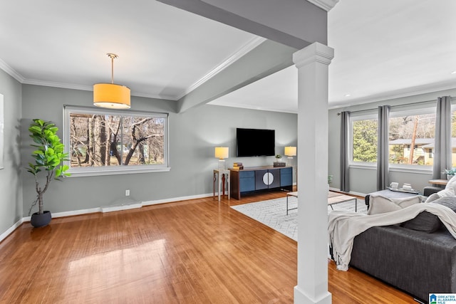 living room with ornate columns, baseboards, wood finished floors, and ornamental molding