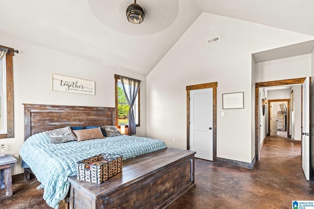 bedroom featuring visible vents, baseboards, high vaulted ceiling, and finished concrete floors