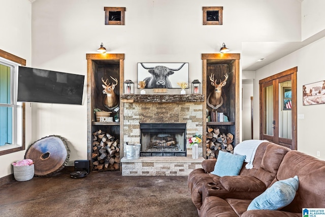 living room featuring a fireplace