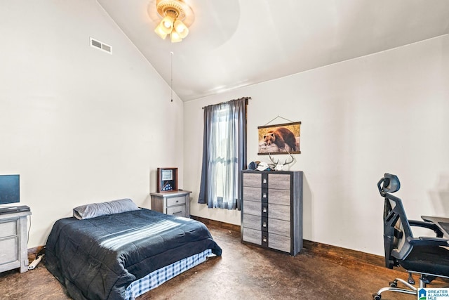 bedroom with a ceiling fan, baseboards, visible vents, concrete floors, and vaulted ceiling