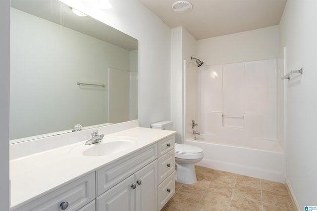 bathroom with shower / bathtub combination, visible vents, toilet, vanity, and tile patterned flooring