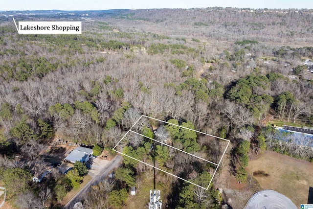 birds eye view of property featuring a wooded view