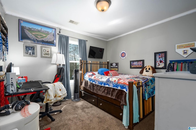 carpeted bedroom with visible vents and crown molding