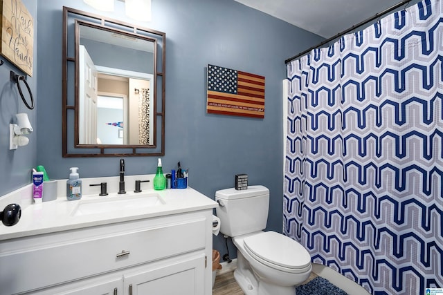 full bath with vanity, toilet, and a shower with curtain