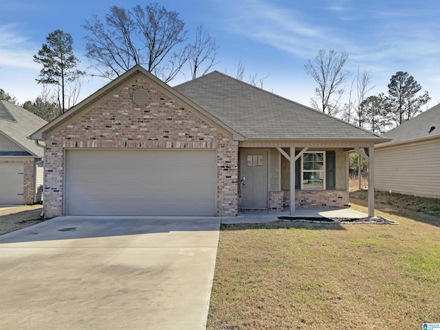 ranch-style house featuring brick siding, a shingled roof, concrete driveway, a front yard, and a garage