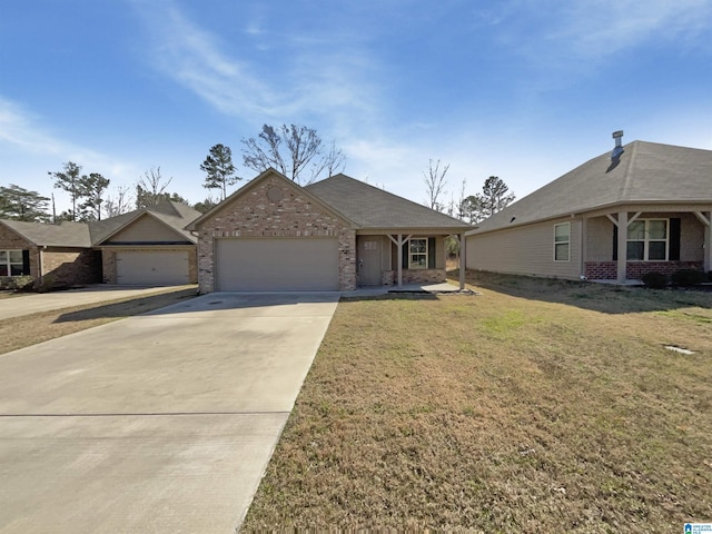 view of front of property with a garage, a front yard, concrete driveway, and brick siding