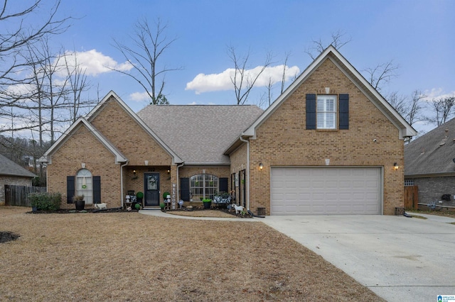 traditional-style house with a garage, brick siding, driveway, and fence