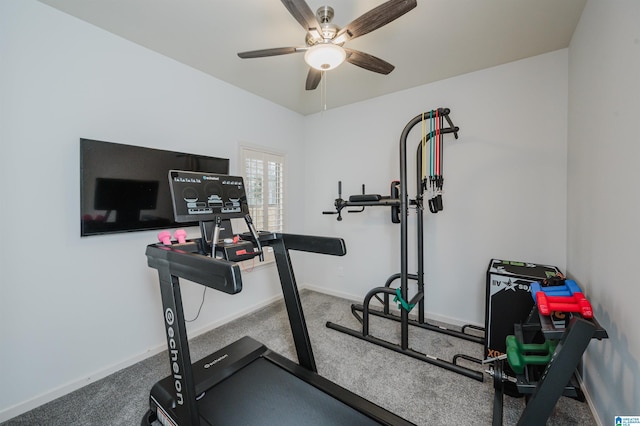 exercise room with baseboards, ceiling fan, and carpet flooring