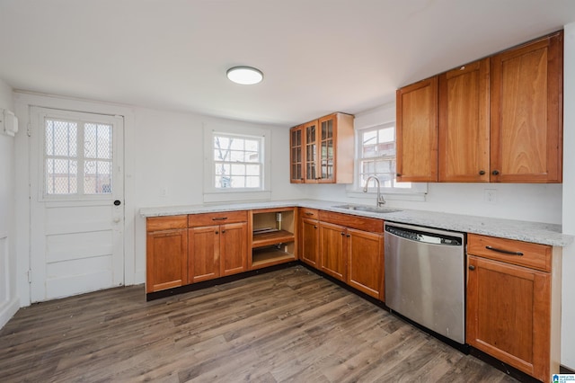 kitchen featuring stainless steel dishwasher, dark wood-type flooring, a sink, and glass insert cabinets