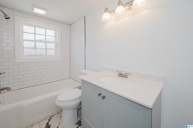 full bathroom featuring bathtub / shower combination, vanity, toilet, and marble finish floor