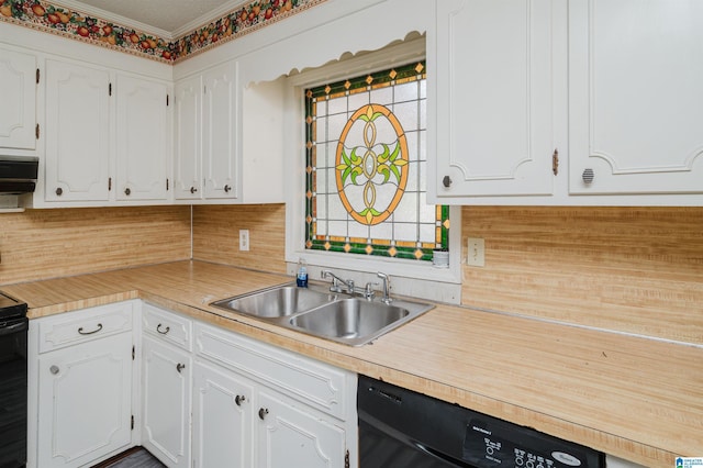 kitchen with black appliances, white cabinets, a sink, and exhaust hood