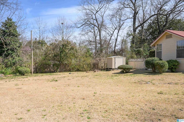 view of yard with an outdoor structure and a shed