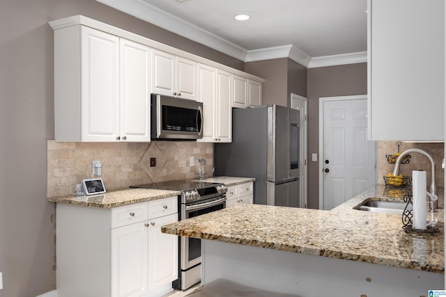 kitchen with appliances with stainless steel finishes, light stone counters, a sink, and ornamental molding