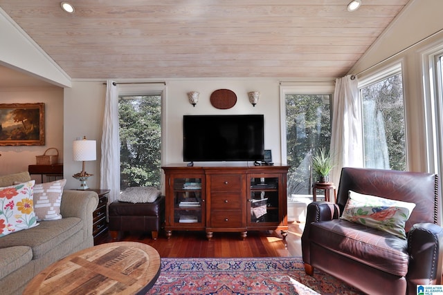 living room featuring plenty of natural light, wooden ceiling, vaulted ceiling, and hardwood / wood-style floors