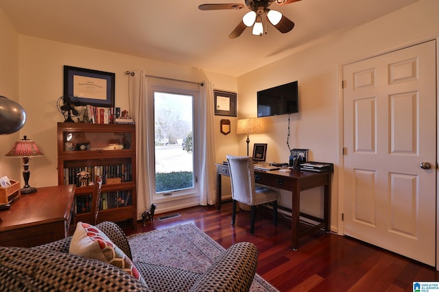 office with ceiling fan, wood finished floors, visible vents, and baseboards