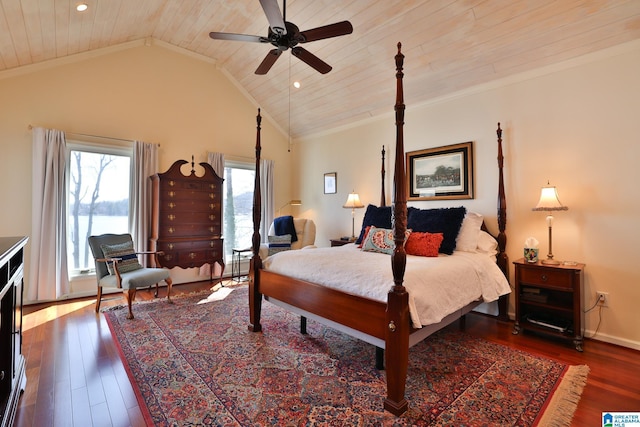 bedroom featuring ornamental molding, wooden ceiling, wood finished floors, and recessed lighting