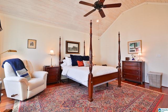 bedroom featuring ceiling fan, wood ceiling, ornamental molding, wood finished floors, and vaulted ceiling