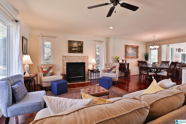 living room with plenty of natural light, a tiled fireplace, and wood finished floors