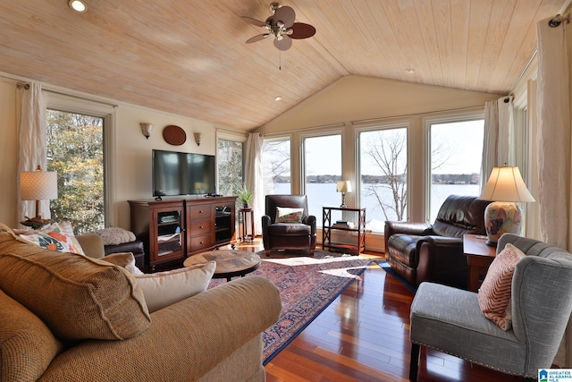 living area with lofted ceiling, ceiling fan, wooden ceiling, and wood finished floors