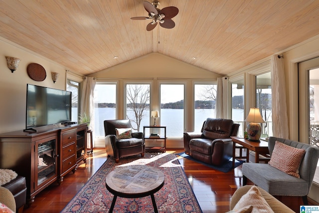 living room featuring lofted ceiling, dark wood finished floors, wood ceiling, and a ceiling fan