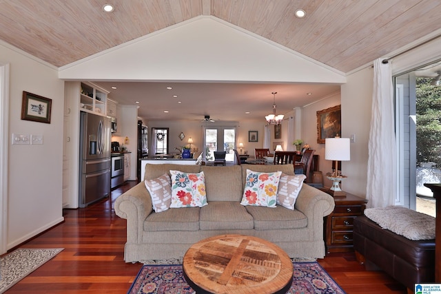 living room featuring lofted ceiling, dark wood-style floors, and wood ceiling