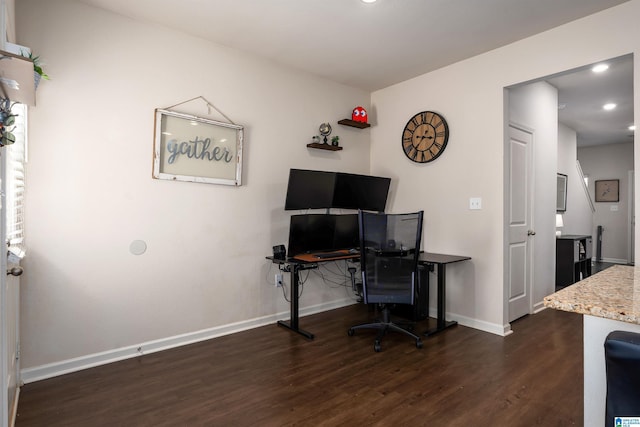 office featuring recessed lighting, baseboards, and wood finished floors