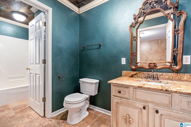 bathroom featuring baseboards, toilet, ornamental molding, and vanity