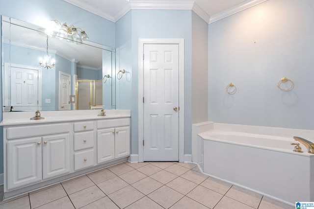 full bathroom with tile patterned flooring, crown molding, and a sink