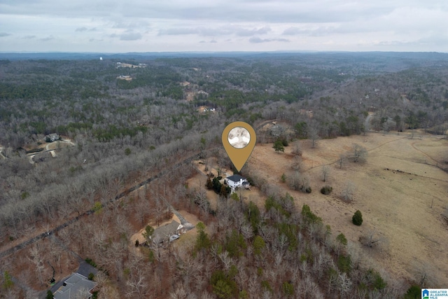 bird's eye view with a wooded view