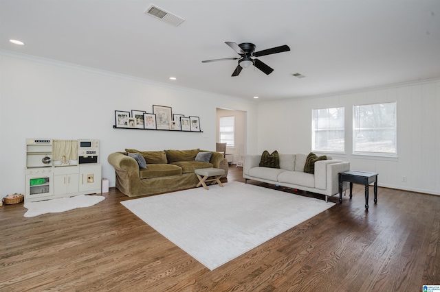 living room with ceiling fan, dark wood-style floors, visible vents, and ornamental molding