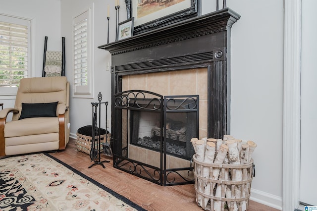 sitting room with wood finished floors, a fireplace, and baseboards